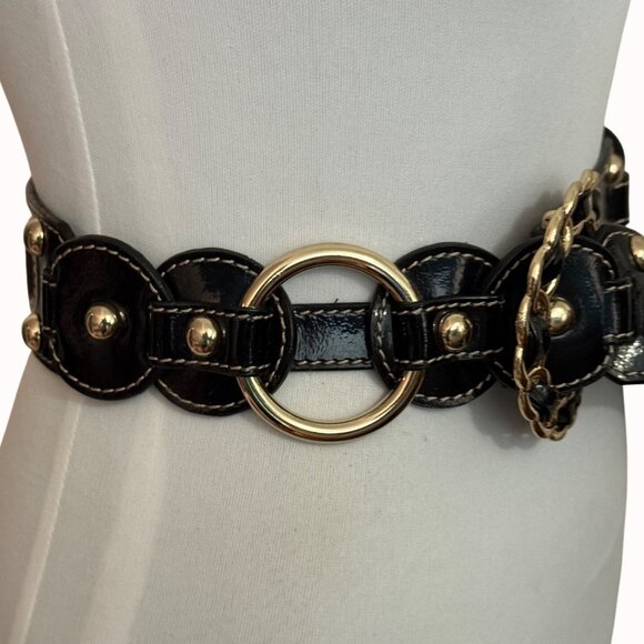 Edgy Link Ring Statement Belt Size M Black Leather Studded Circle Y2k Biker Chic - Picture 2 of 16